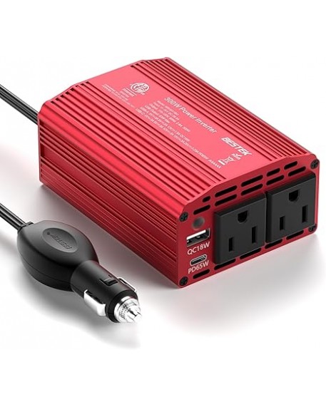 BESTEK 300W Car Power Inverter with 65W USB-C and QC3.0 Ports - 12V DC to 110V AC Converter